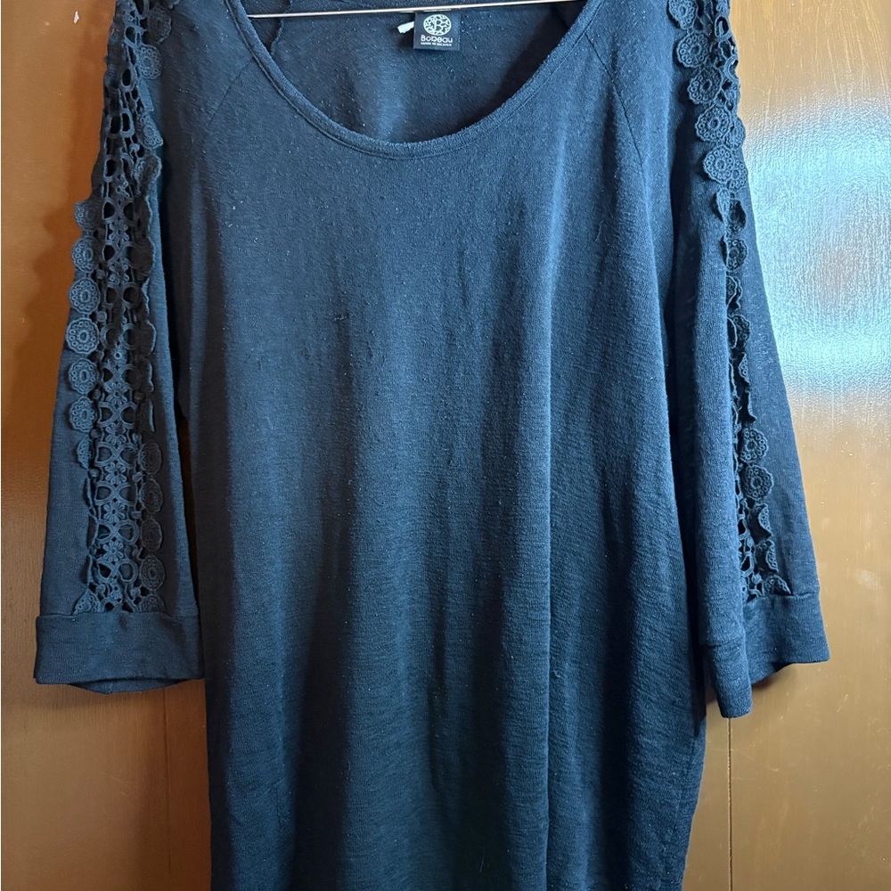 Bobeau Black Long Sleeve Tee with Lace Detail